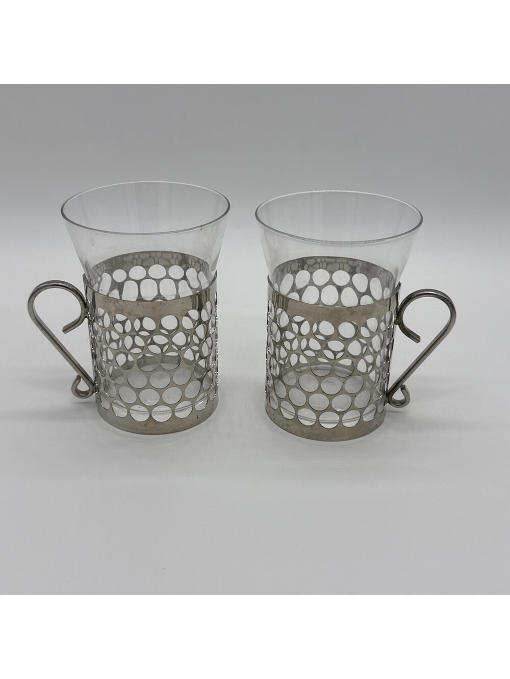 Vintage Mid Century Modern Metal Holder Tea Glasses MCM Cutout Nesting Set of 2